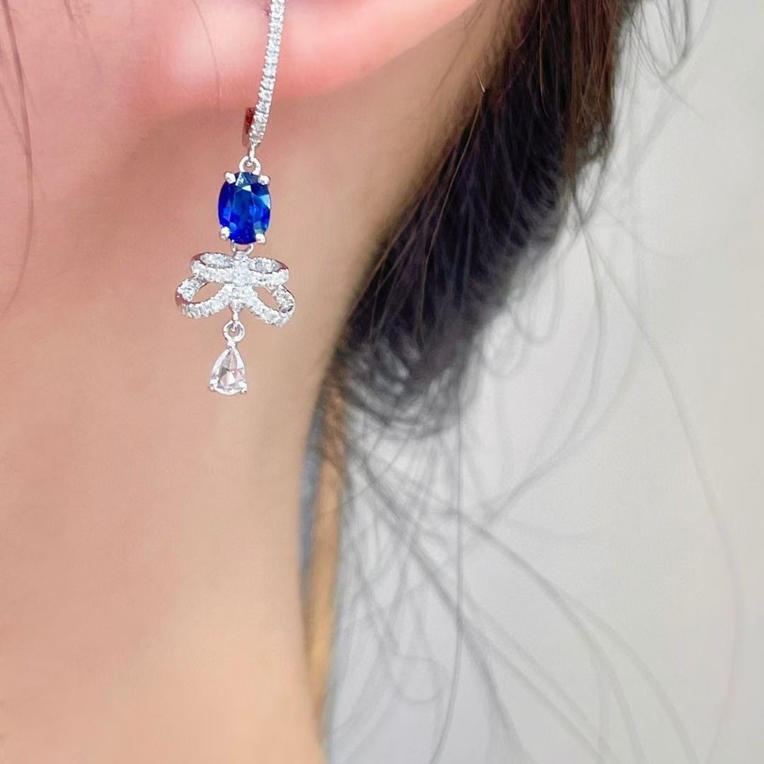 14k Gold 1.02 Ct Natural Sapphire & Diamond Earrings - 3