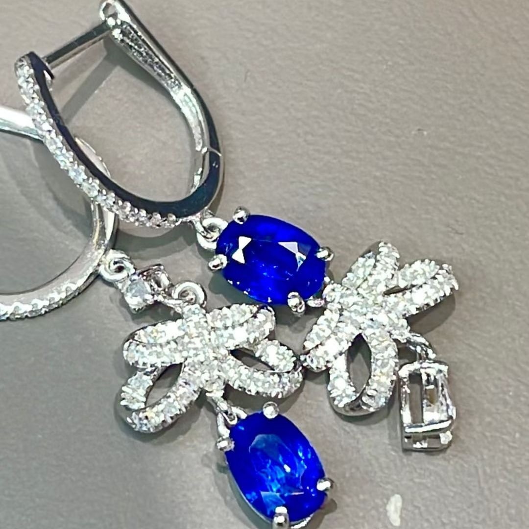 14k Gold 1.02 Ct Natural Sapphire & Diamond Earrings - 4