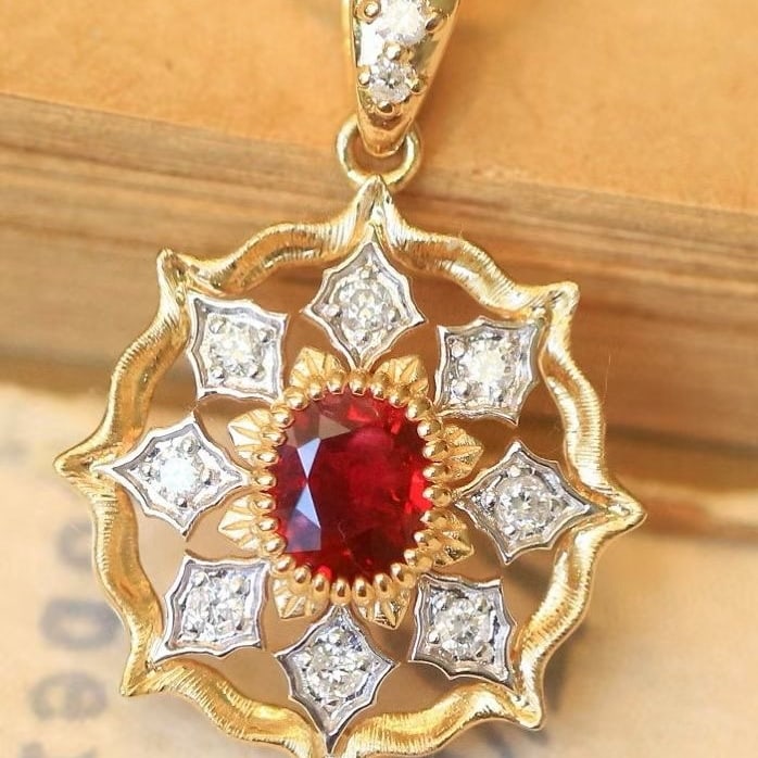 14k Gold 1.07 Ctw Natural Ruby & Diamond Pendant( Without Chain ): Ref:231046380 // gold content:14k gold // main gemstone:ruby // shape:oval // carat weight:0. 85ct // color:pigeonblood red // treatment:natural // // adjacent gemstone 2 : diamond // shape:round //