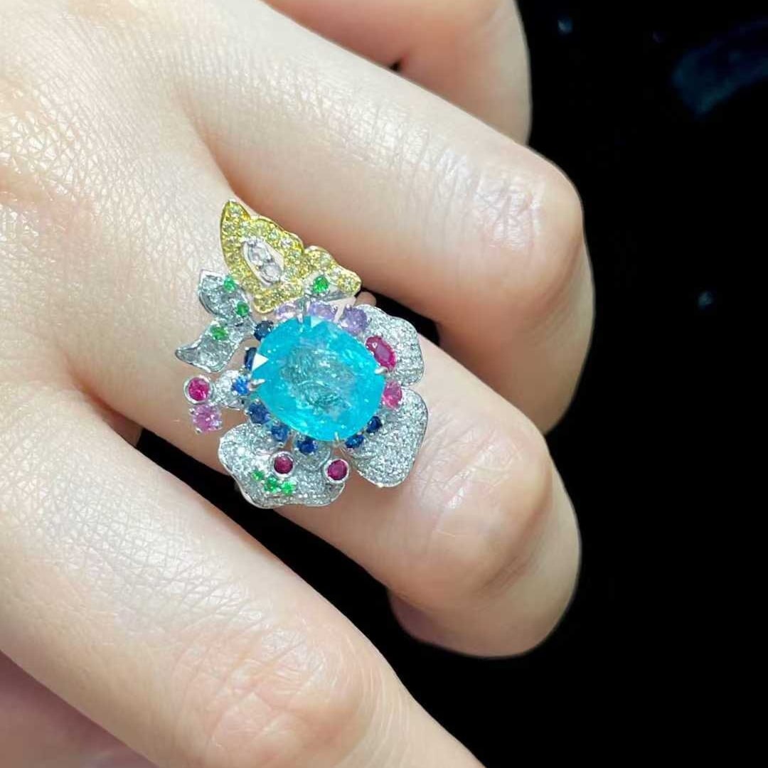 14k Gold 2.33 Ct Natural Paraiba Tourmaline & Diamond Ring - 4