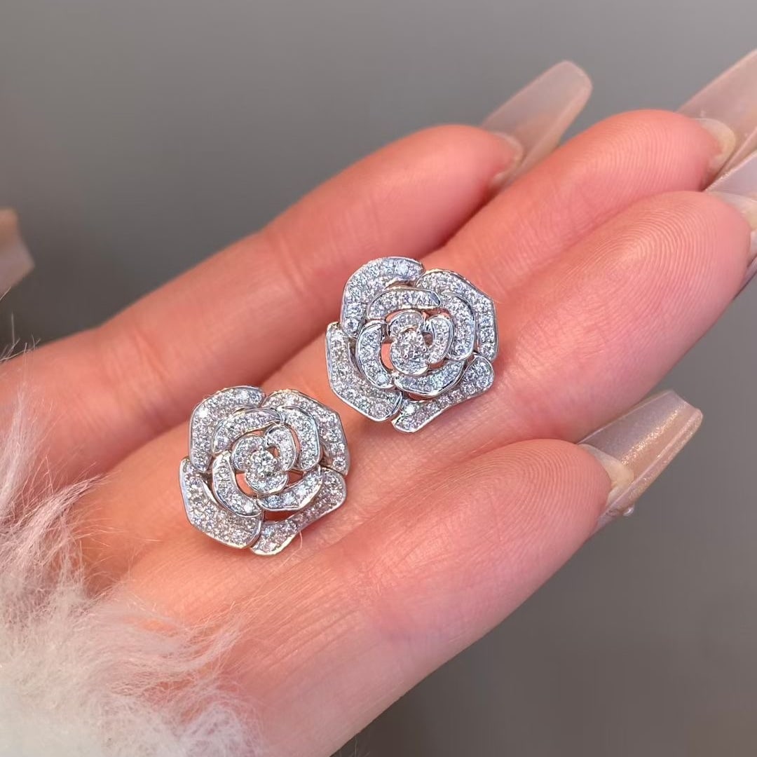 14k Gold 1 Ct Natural H Diamond & Flowers Earrings - 3