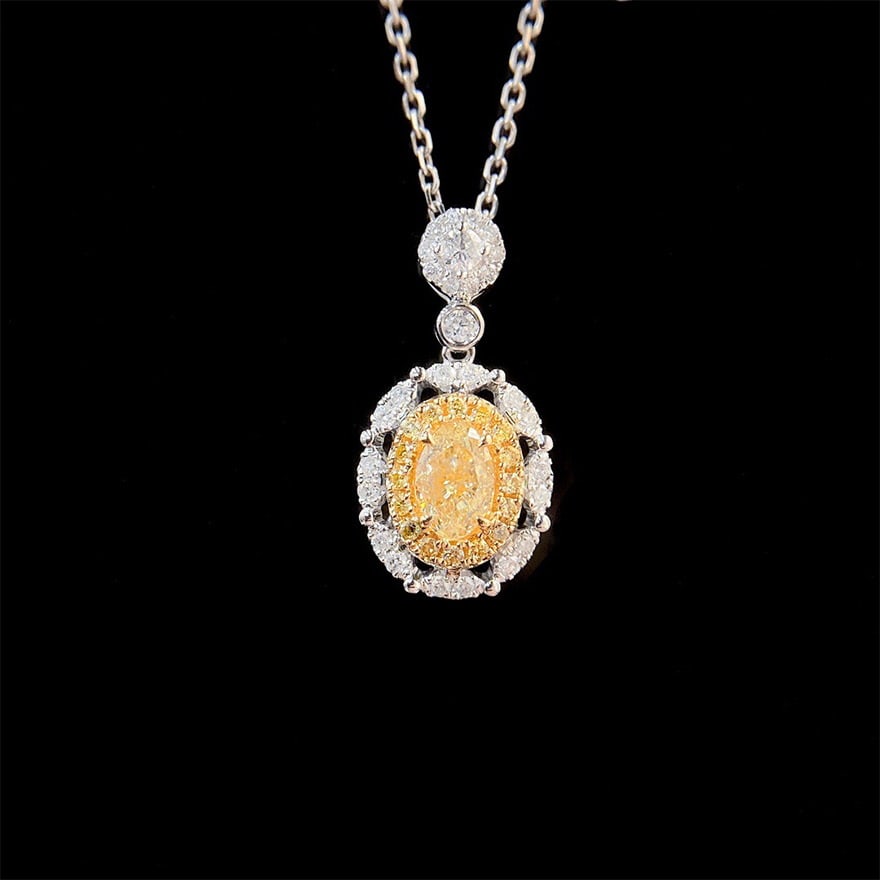 14k Gold 0.60 Ctw Natural Yellow Diamond & Diamond Pendant( Without Chain ): Ref:231046405 // gold content:14k gold // main gemstone:yellow diamond // shape:oval // carat weight:0. 37ct // color:yellow // treatment:natural // // adjacent gemstone 2 : diamond // shape:round //