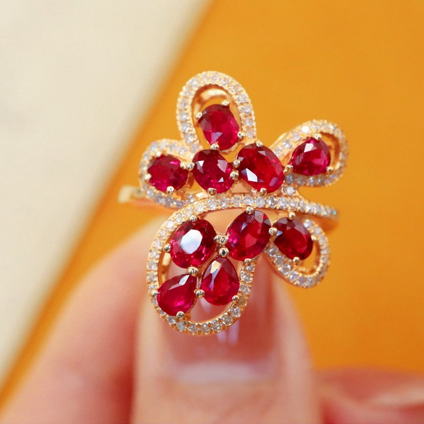 14k Gold 2.35 Ctw Natural Ruby & Diamond Ring: Ref:231046421 // gold content:14k gold // ring size:7. 25us // // main gemstone:ruby // shape:multiply // carat weight:2. 05ct // color:pigeonblood red // treatment:natural // // adjacent gemstone 2