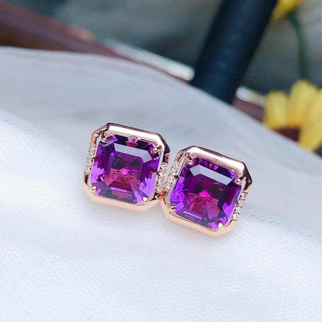 14k Gold 4.85 Ct Natural Amethyst & Diamond Earrings - 2
