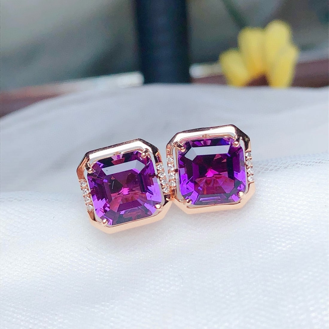 14k Gold 4.85 Ct Natural Amethyst & Diamond Earrings - 6