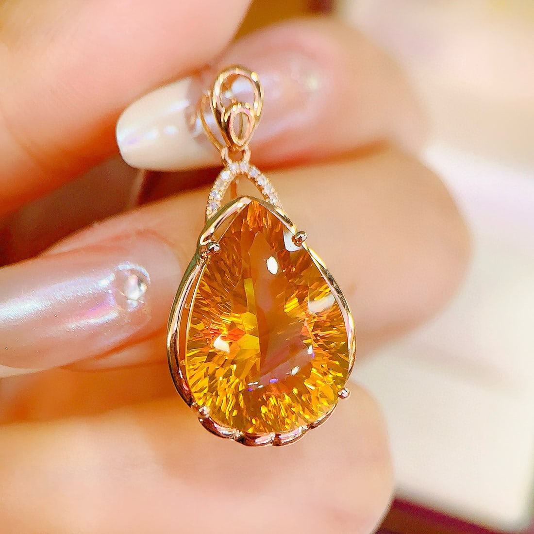 14k Gold 10.73 Ctw Natural Citrine & Diamond Pendant( Without Chain ) - 2