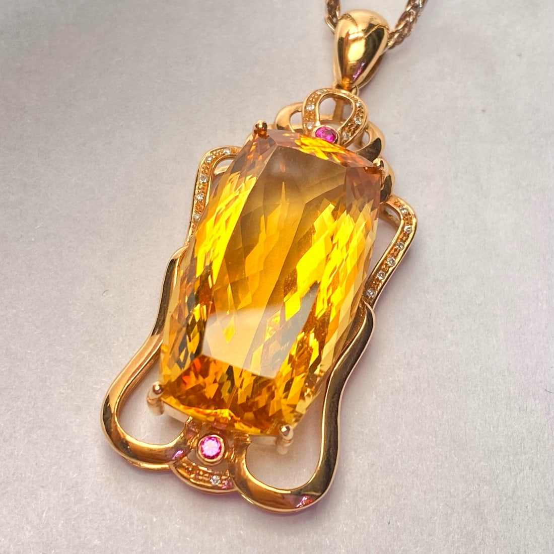 14k Gold 27.90 Ct Natural Citrine & Diamond & Ruby Pendant( Without Chain ) - 2