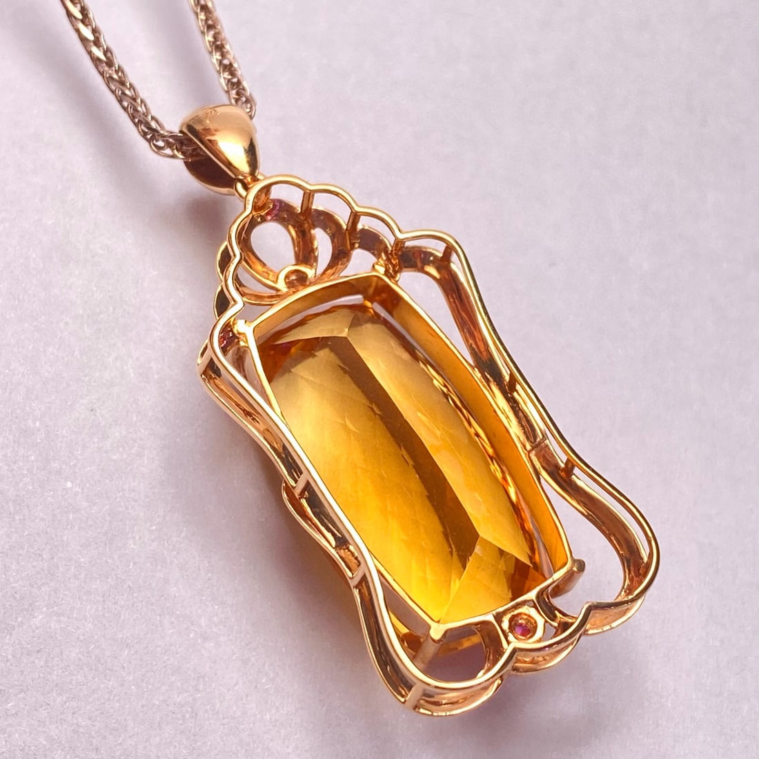 14k Gold 27.90 Ct Natural Citrine & Diamond & Ruby Pendant( Without Chain ) - 3