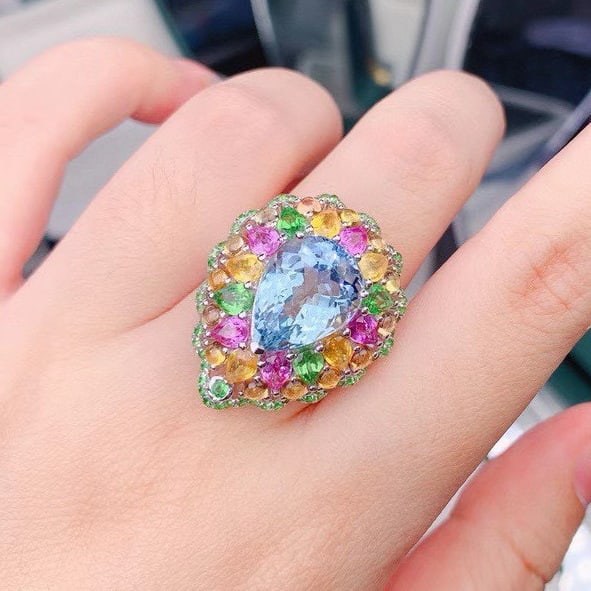 14k Gold 10.49 Ctw Natural Aquamarine & Sapphire & Tsavorite Ring - 5
