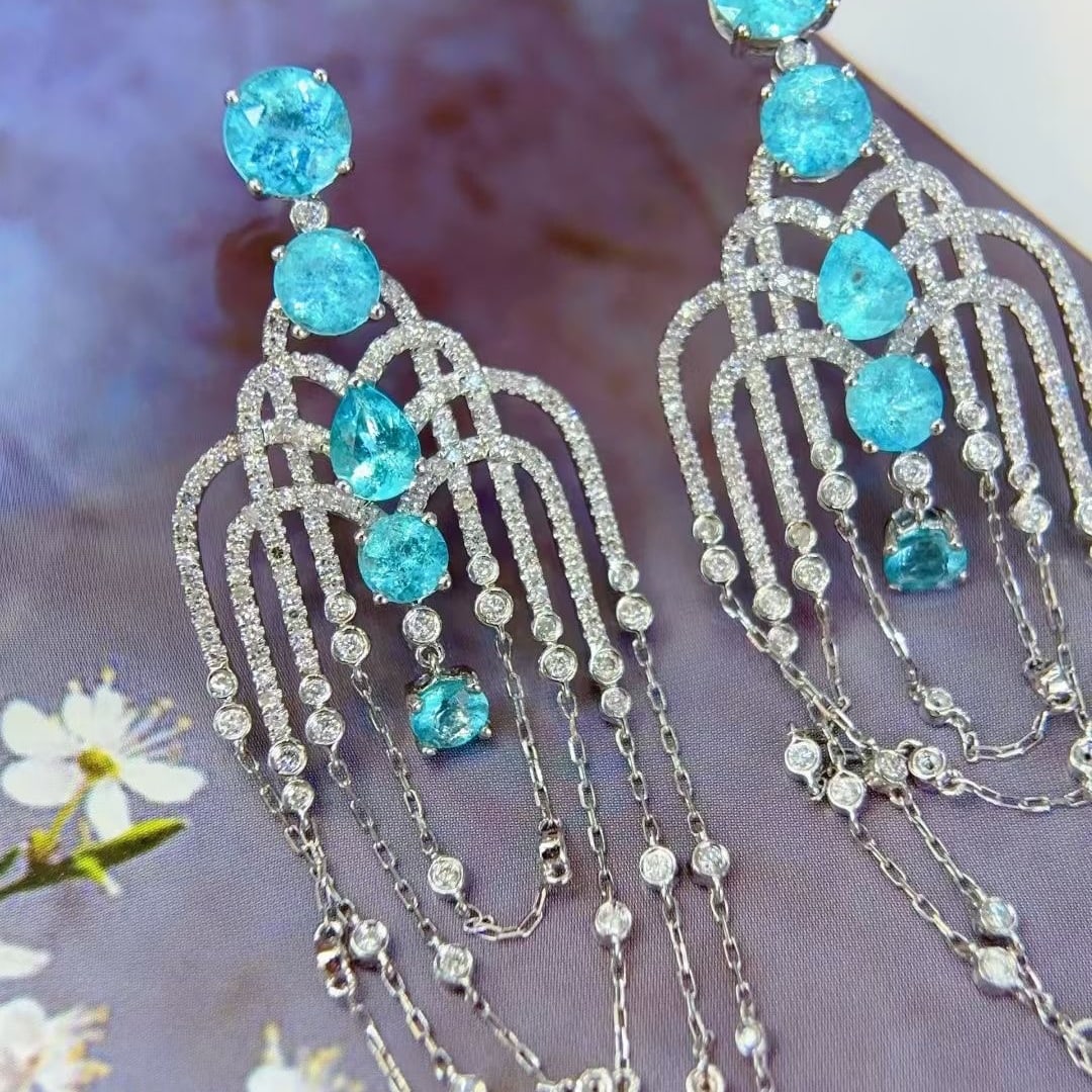 14k Gold 4.03 Ct Natural Paraiba Tourmaline & Diamond Earrings - 3