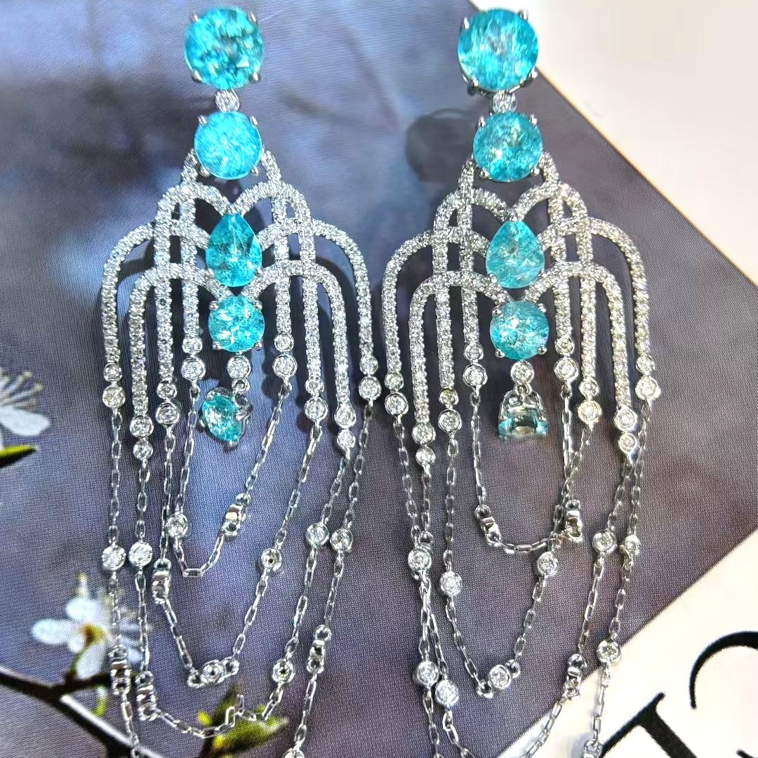 14k Gold 4.03 Ct Natural Paraiba Tourmaline & Diamond Earrings - 4