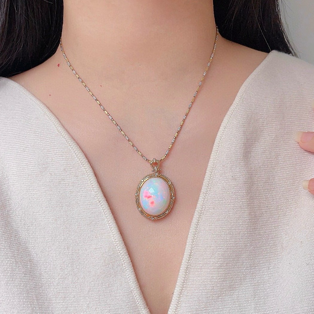 14k Gold 25.9 Ctw Natural Opal & Diamond Pendant( Without Chain ) - 2