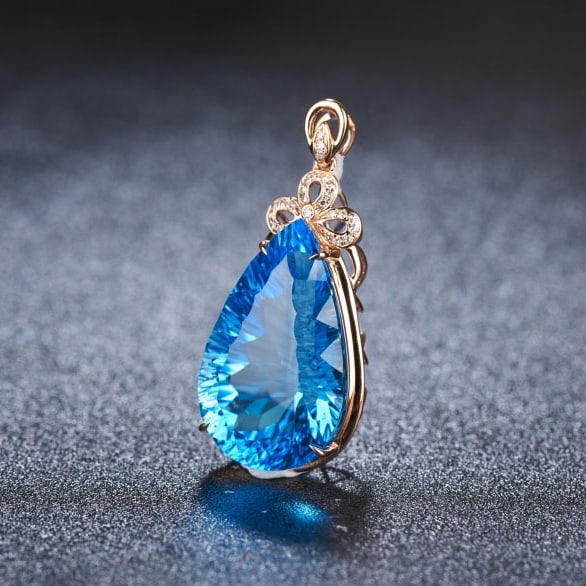 14k Gold 24 Ct Natural Topaz & Diamond Pendant( Without Chain ) - 3