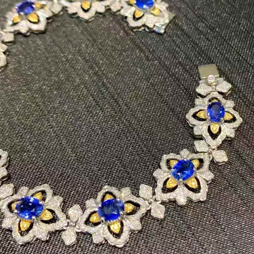 14k Gold 7.2 Ct Natural Sapphire & Diamond Bracelet - 3