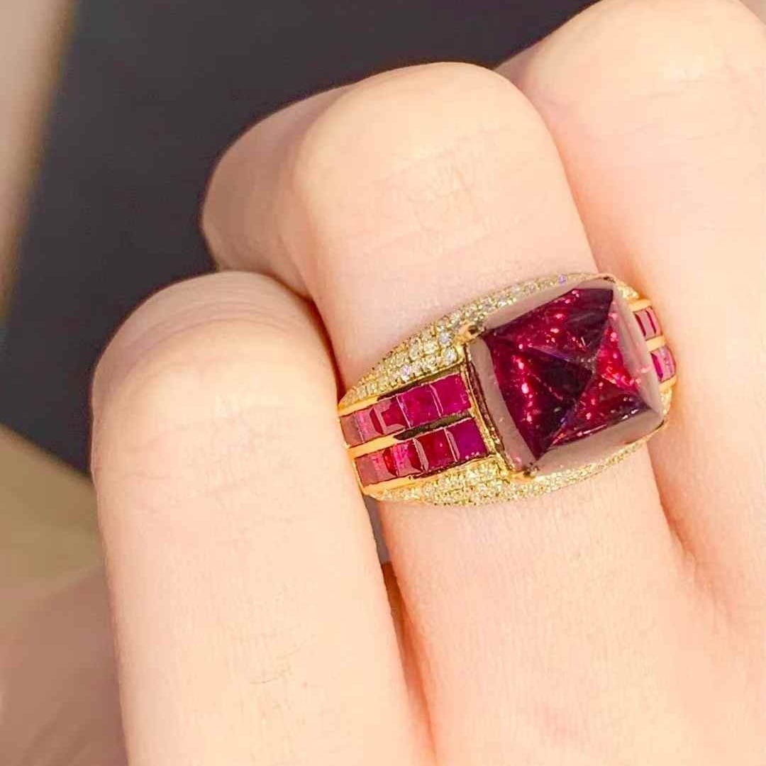 14k Gold 6.5 Ct Natural Tourmaline & Diamond & Ruby Ring - 3