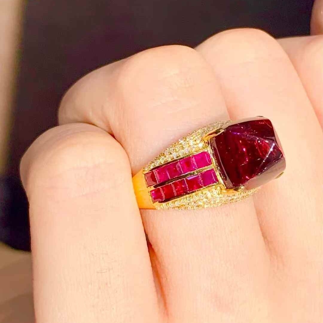 14k Gold 6.5 Ct Natural Tourmaline & Diamond & Ruby Ring - 4