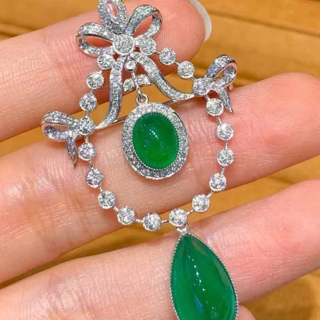 14k Gold 5.65 Ct Natural Emerald & Diamond Brooch/pendant( Without Chain ) - 2
