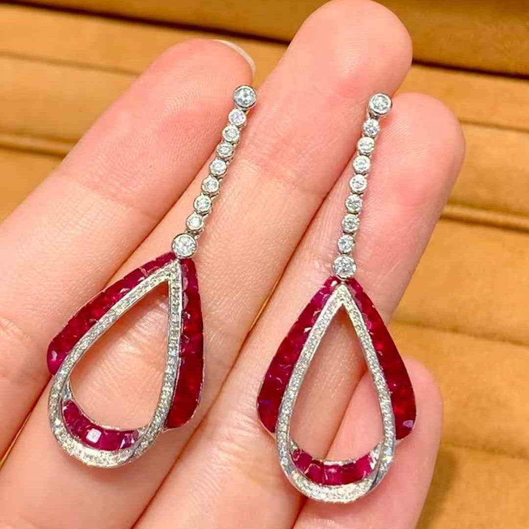 14k Gold 3 Ct Natural Ruby & Diamond Earrings - 2