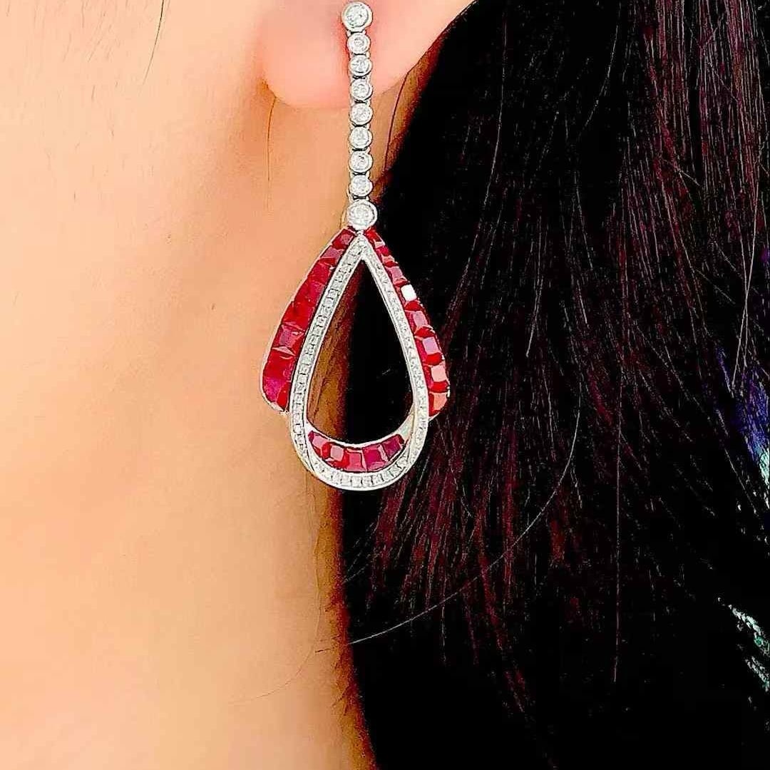 14k Gold 3 Ct Natural Ruby & Diamond Earrings - 4