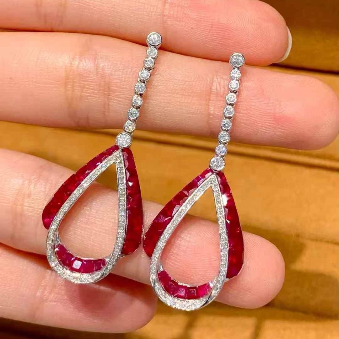 14k Gold 3 Ct Natural Ruby & Diamond Earrings - 5