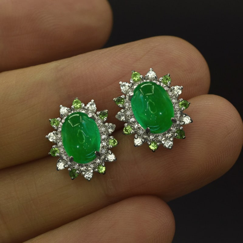 14k Gold 3.20 Ctw Vivid Green Natural Emerald & Diamond Earrings - 2