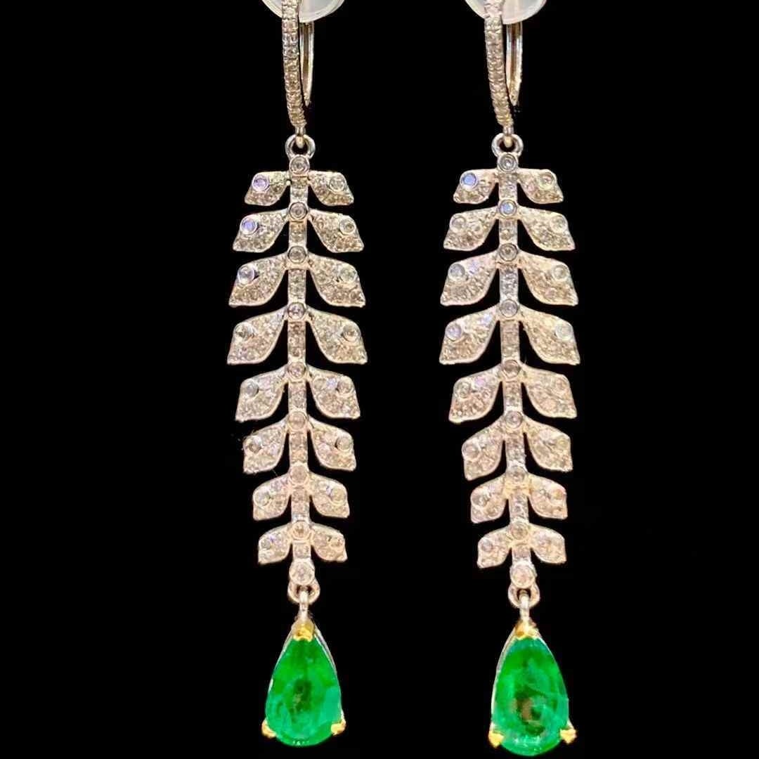 14k Gold 1.85 Ct Vivid Green Natural Emerald & Diamond Earrings - 5