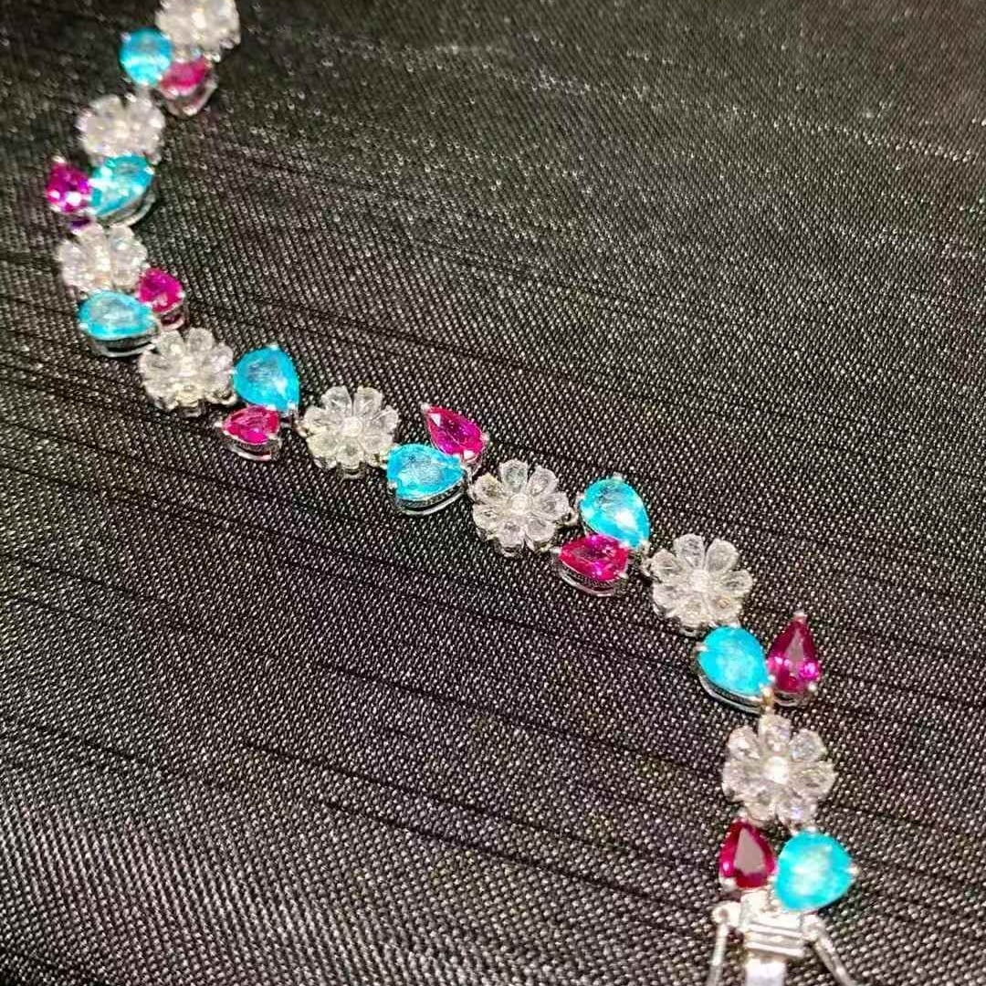 14k Gold 9.3 Ct Natural Paraiba Tourmaline & Ruby & Sapphire & Diamond Bracelet - 2