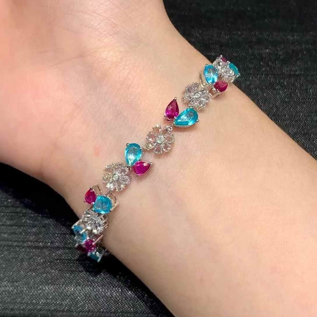 14k Gold 9.3 Ct Natural Paraiba Tourmaline & Ruby & Sapphire & Diamond Bracelet - 5