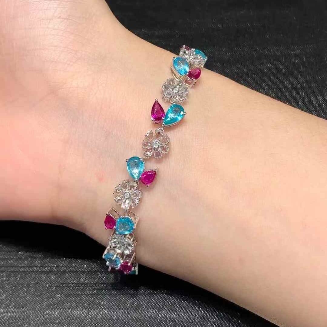 14k Gold 9.3 Ct Natural Paraiba Tourmaline & Ruby & Sapphire & Diamond Bracelet - 6