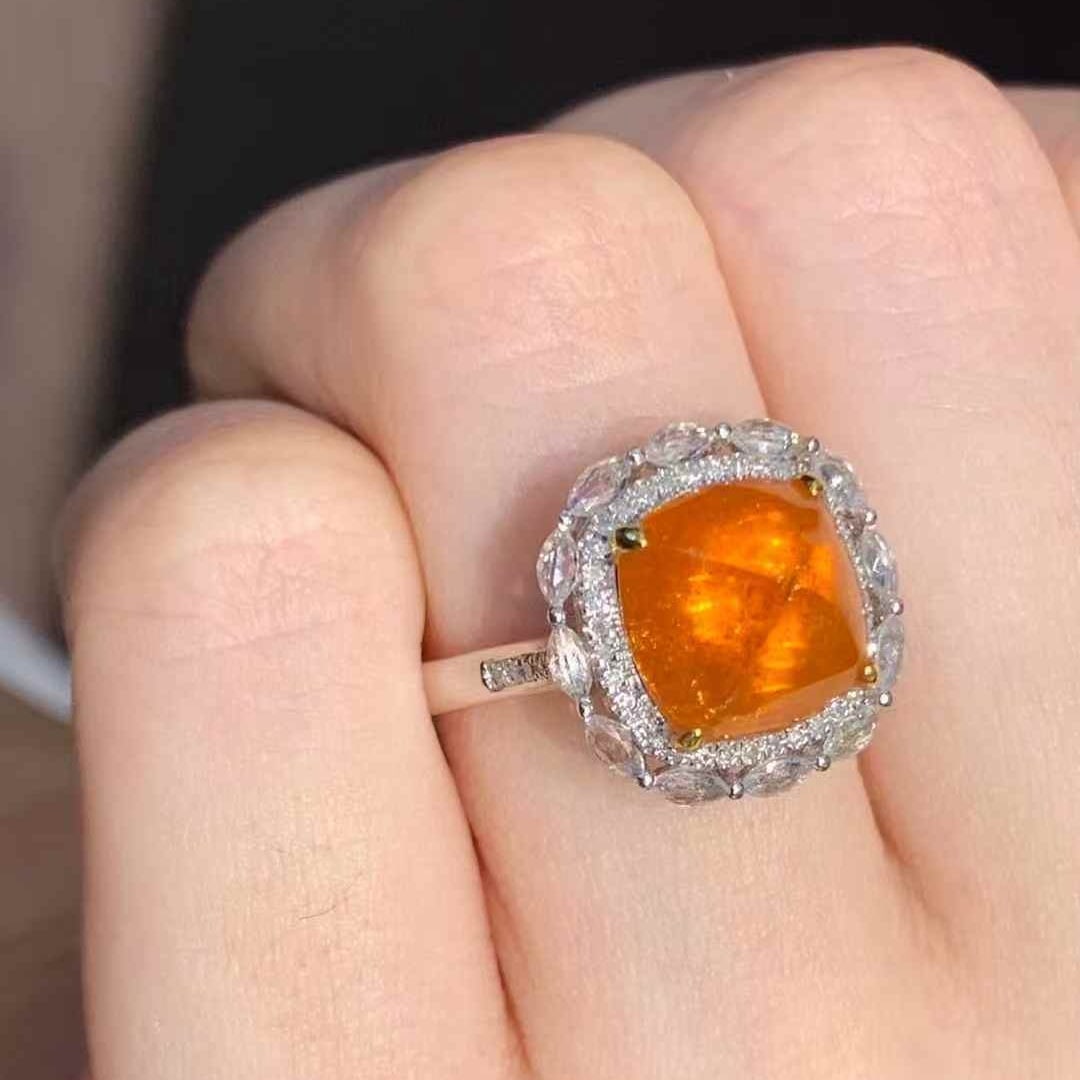 14k Gold 5.5 Ct Natural Spessartine & Diamond & Sapphire Ring - 5