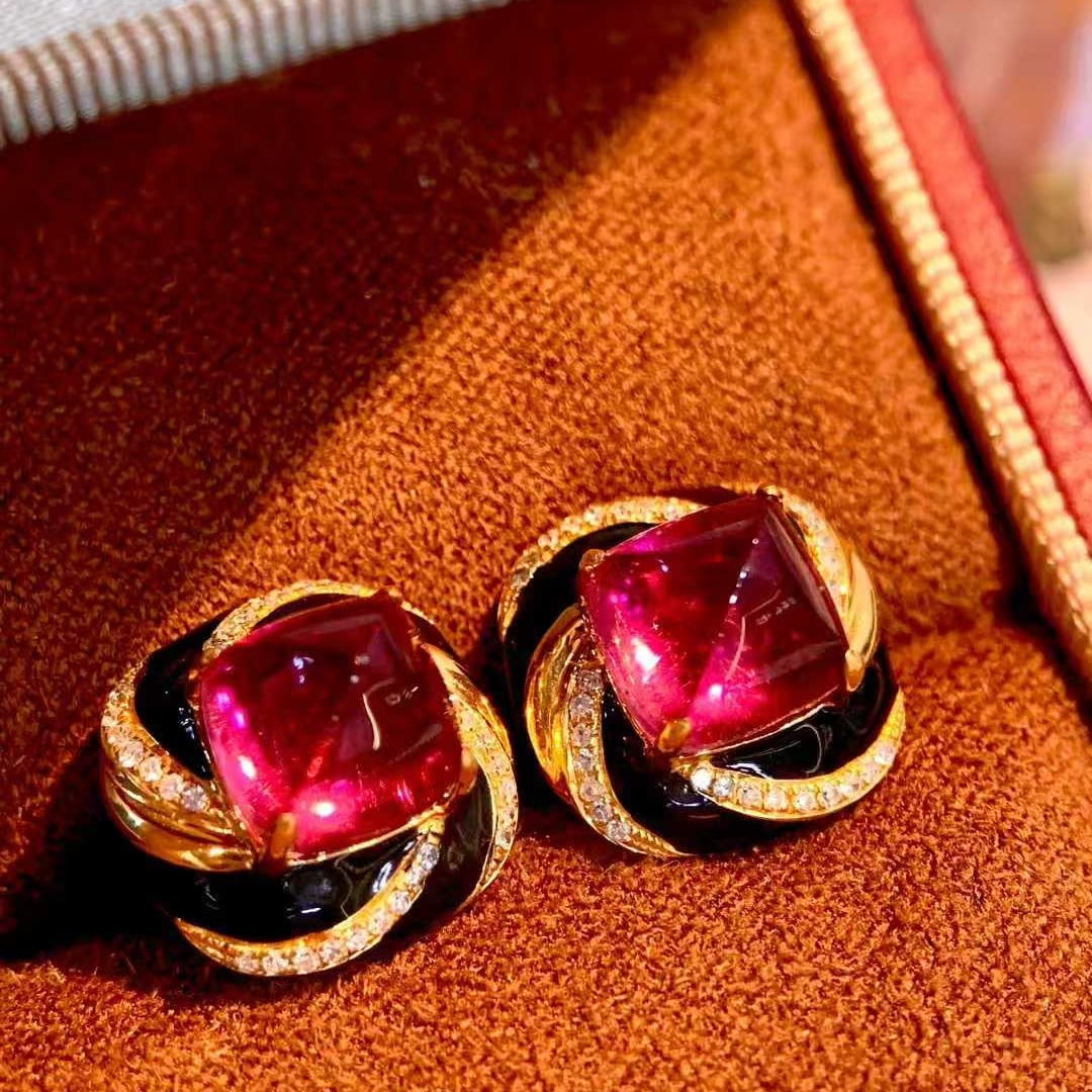 14k Gold 5.7 Ct Natural Tourmaline & Diamond Earrings - 2