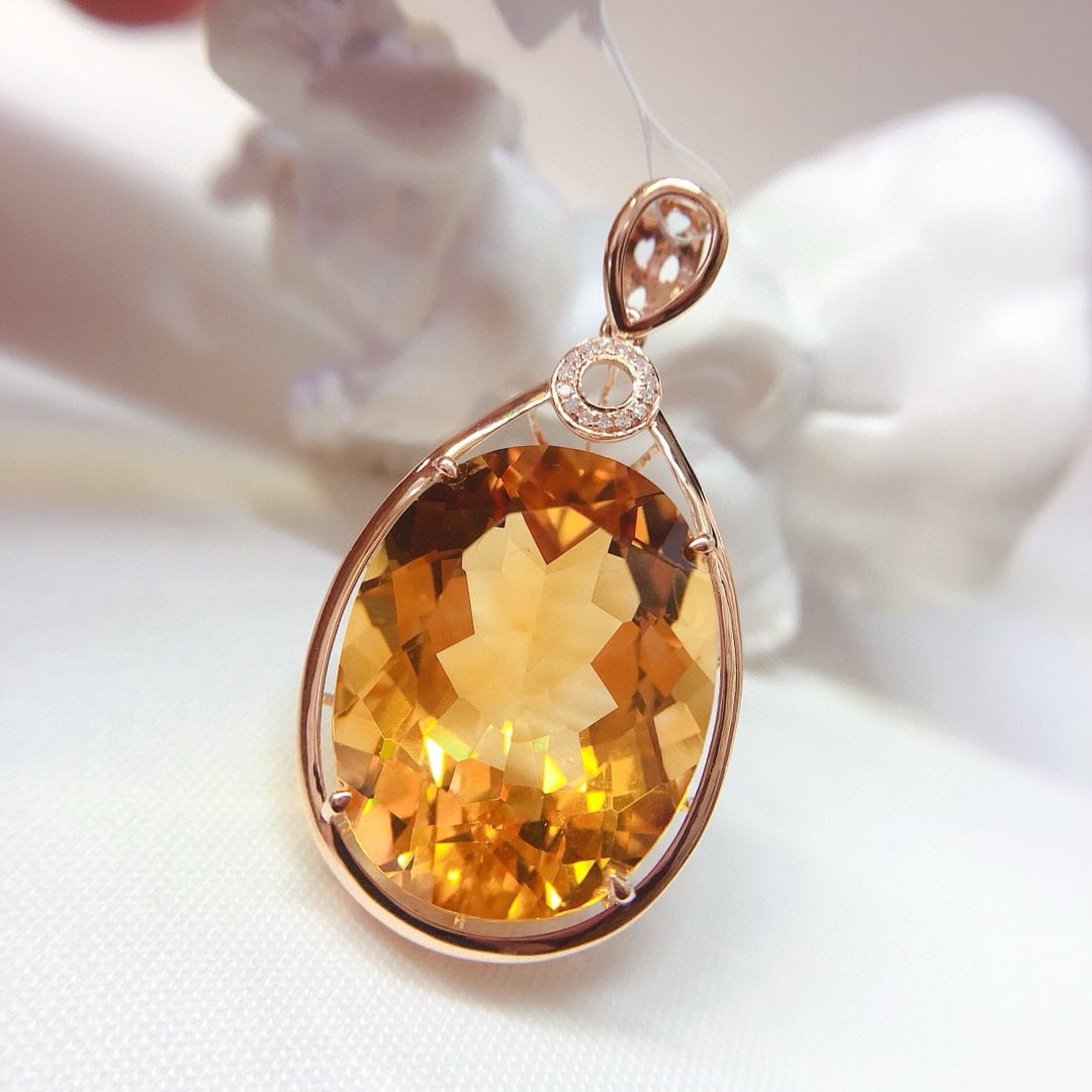 14k Gold 21.55 Ct Natural Citrine & Diamond Pendant( Without Chain ) - 2