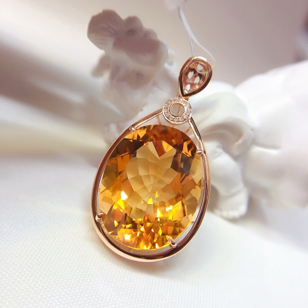 14k Gold 21.55 Ct Natural Citrine & Diamond Pendant( Without Chain ) - 3