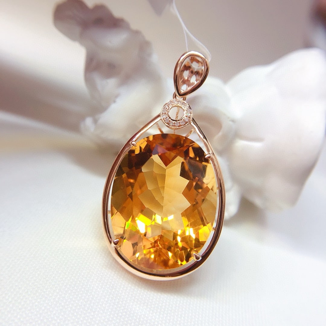 14k Gold 21.55 Ct Natural Citrine & Diamond Pendant( Without Chain ) - 4