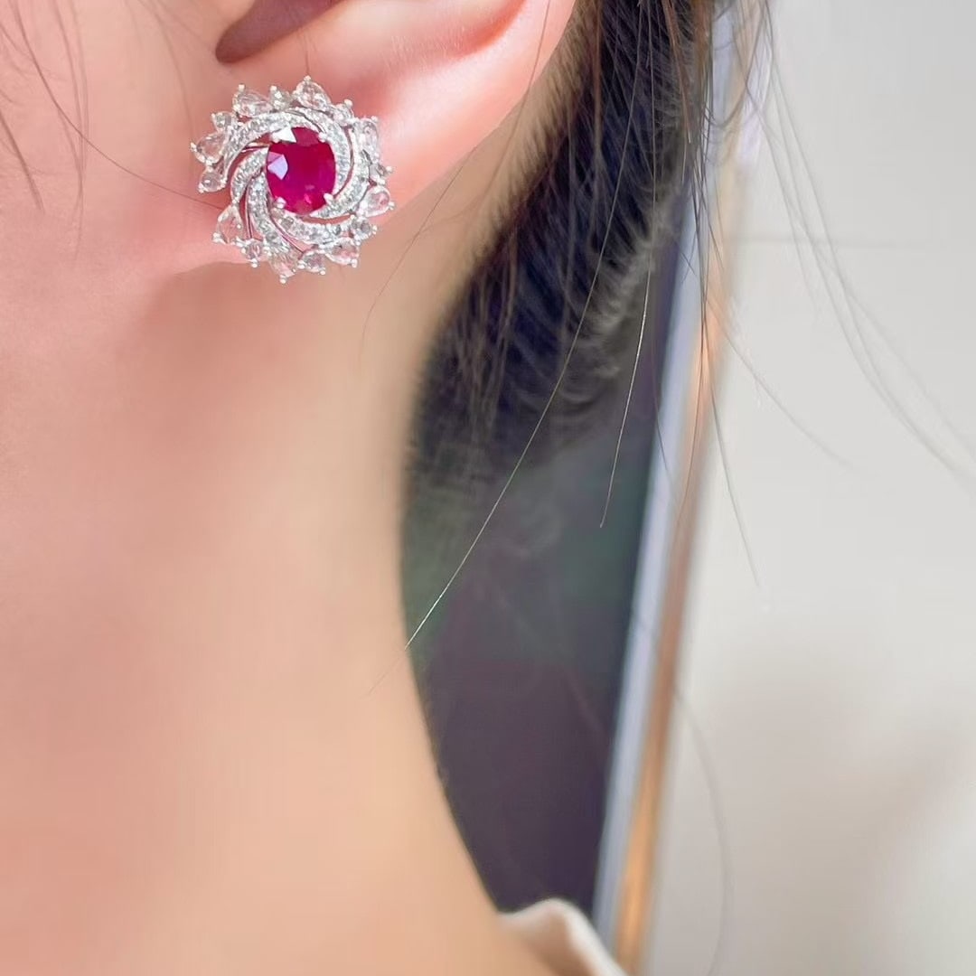 14k Gold 1.55 Ct Natural Ruby & Diamond & Sapphire Earrings - 2