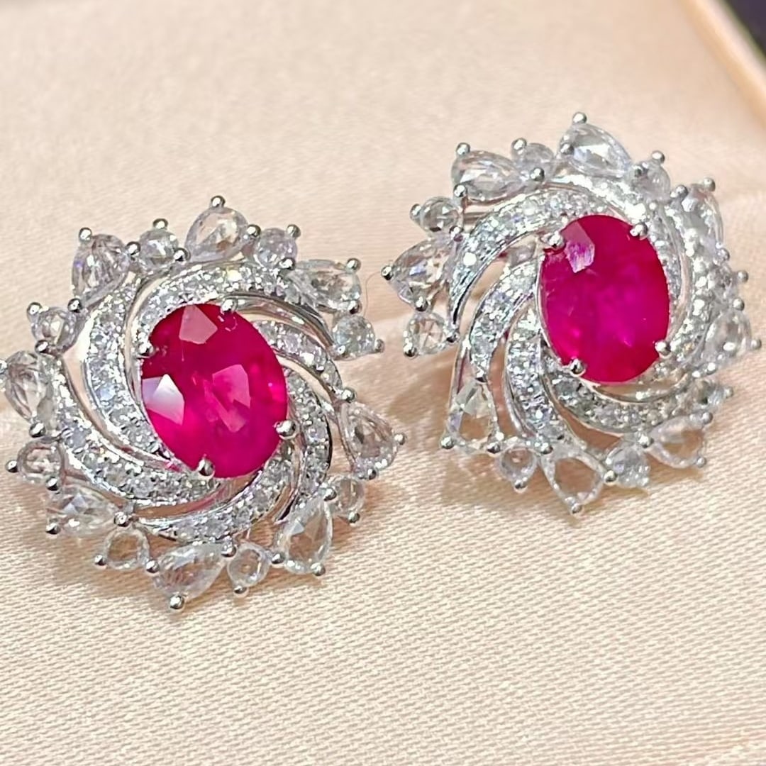 14k Gold 1.55 Ct Natural Ruby & Diamond & Sapphire Earrings - 4