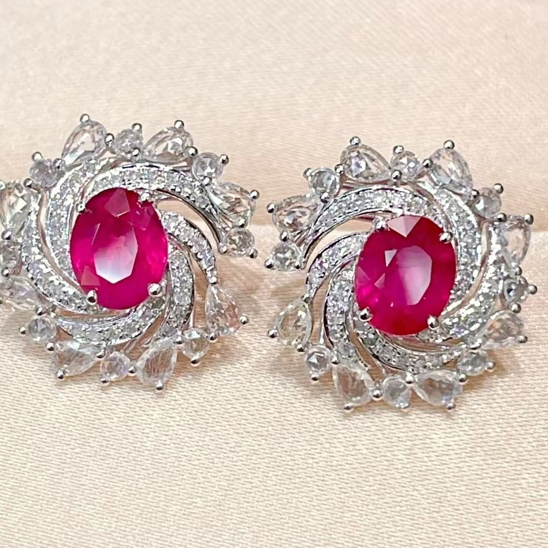 14k Gold 1.55 Ct Natural Ruby & Diamond & Sapphire Earrings - 6