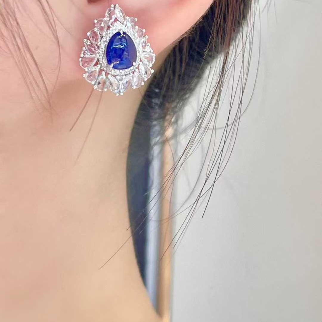 14k Gold 2.1 Ct Natural Sapphire & Diamond & Sapphire Earrings - 2