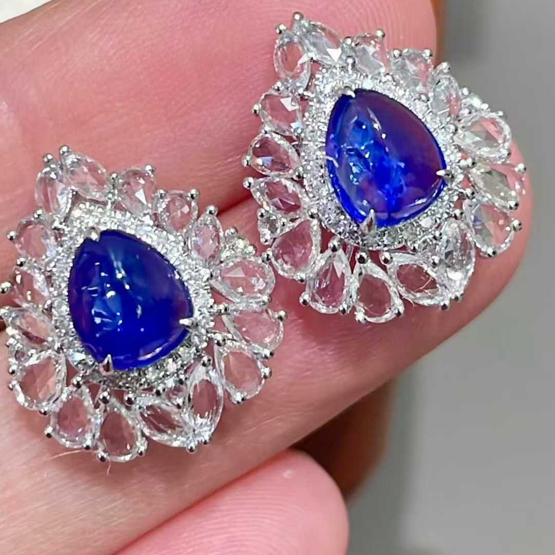 14k Gold 2.1 Ct Natural Sapphire & Diamond & Sapphire Earrings - 3