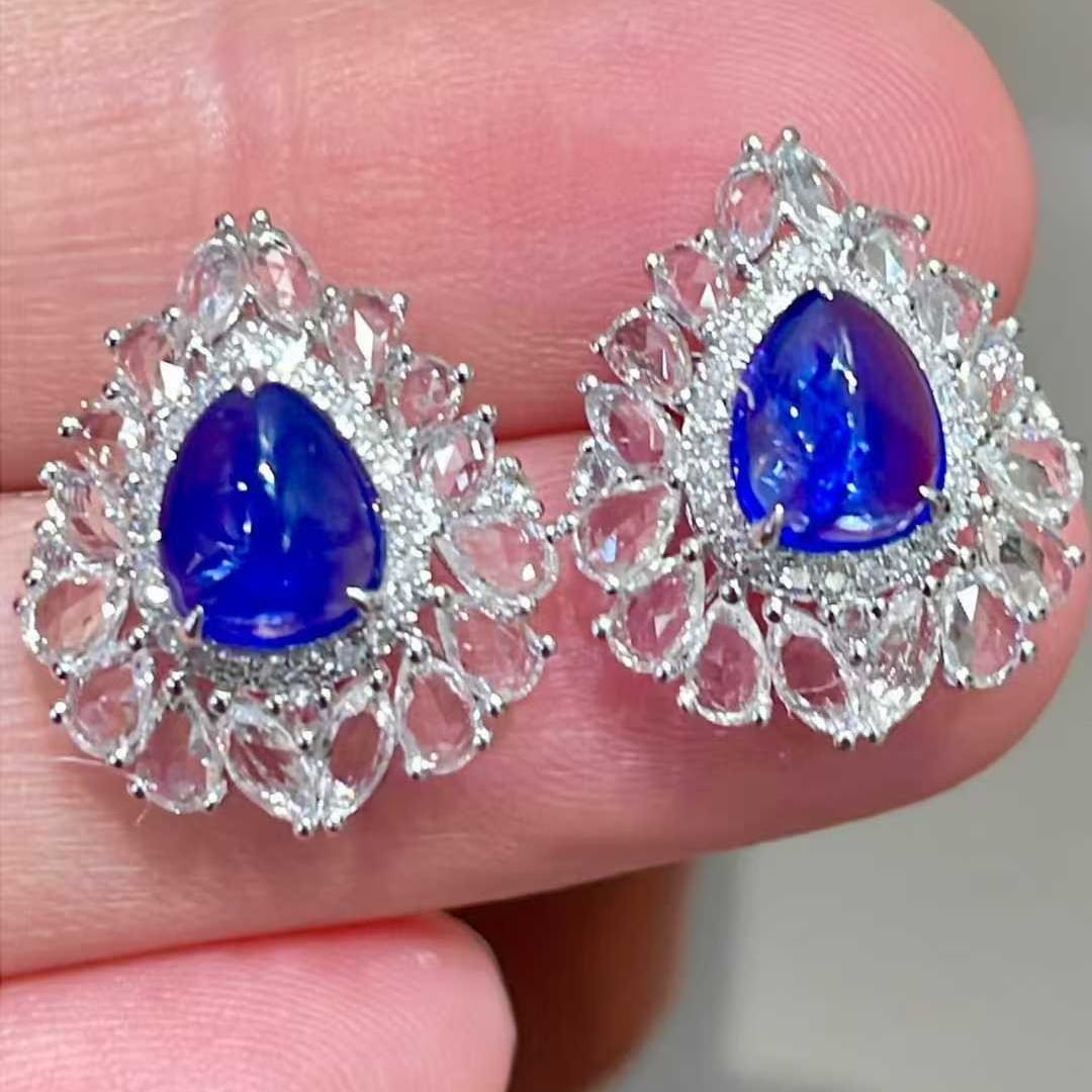 14k Gold 2.1 Ct Natural Sapphire & Diamond & Sapphire Earrings - 4
