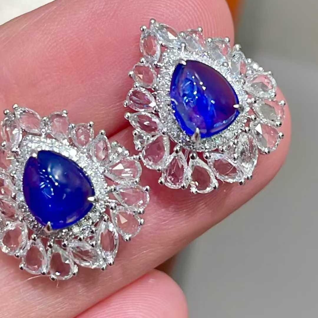 14k Gold 2.1 Ct Natural Sapphire & Diamond & Sapphire Earrings - 5