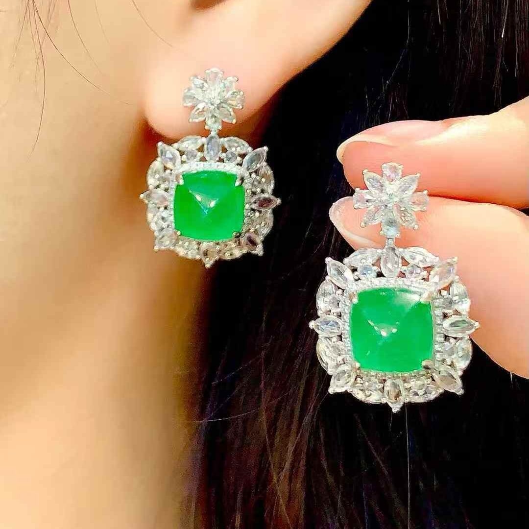 14k Gold 6.8 Ct Vivid Green Natural Emerald & Diamond & Sapphire Earrings - 2