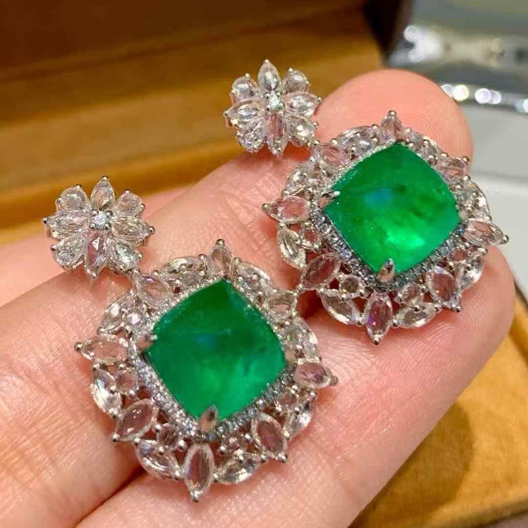 14k Gold 6.8 Ct Vivid Green Natural Emerald & Diamond & Sapphire Earrings - 3