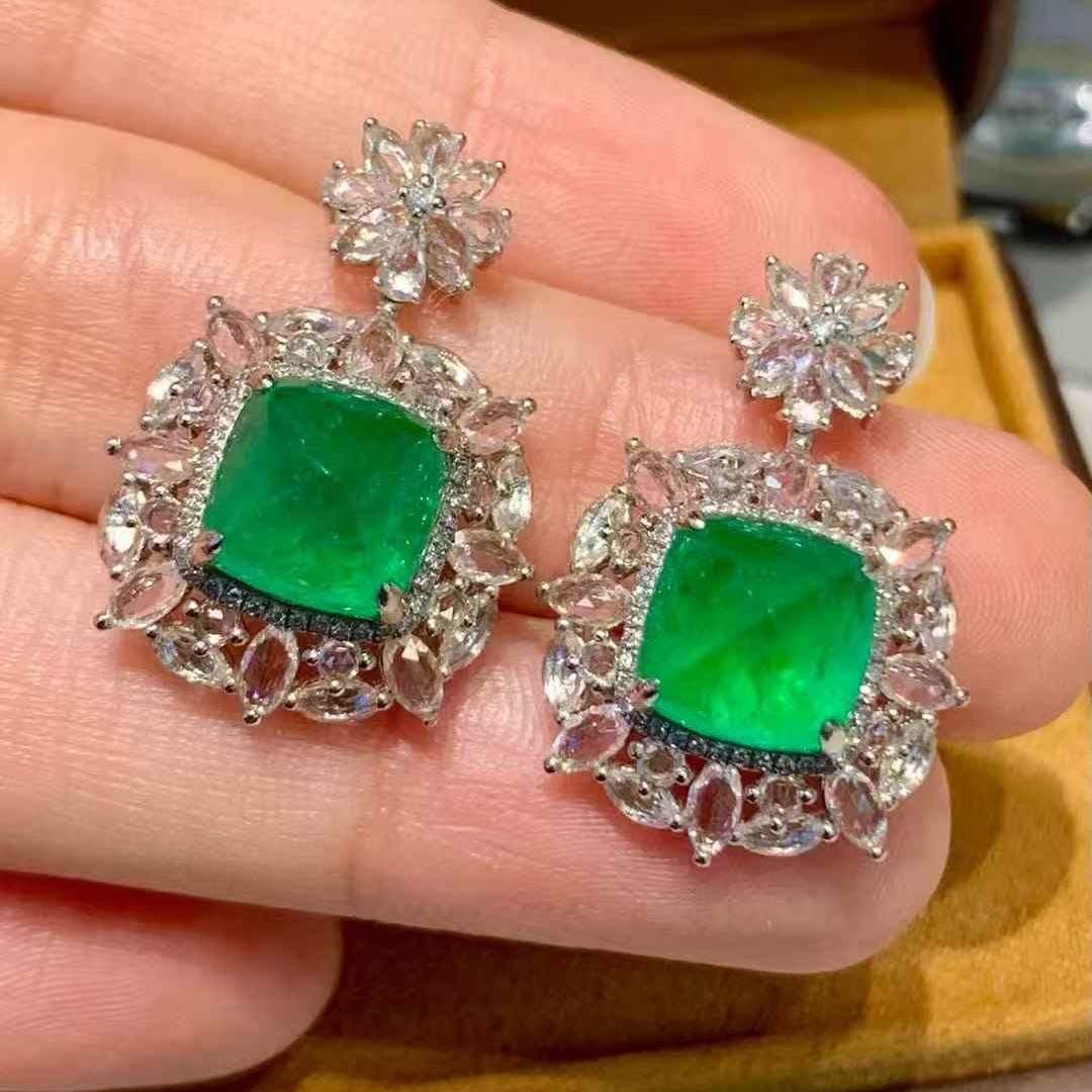 14k Gold 6.8 Ct Vivid Green Natural Emerald & Diamond & Sapphire Earrings - 4