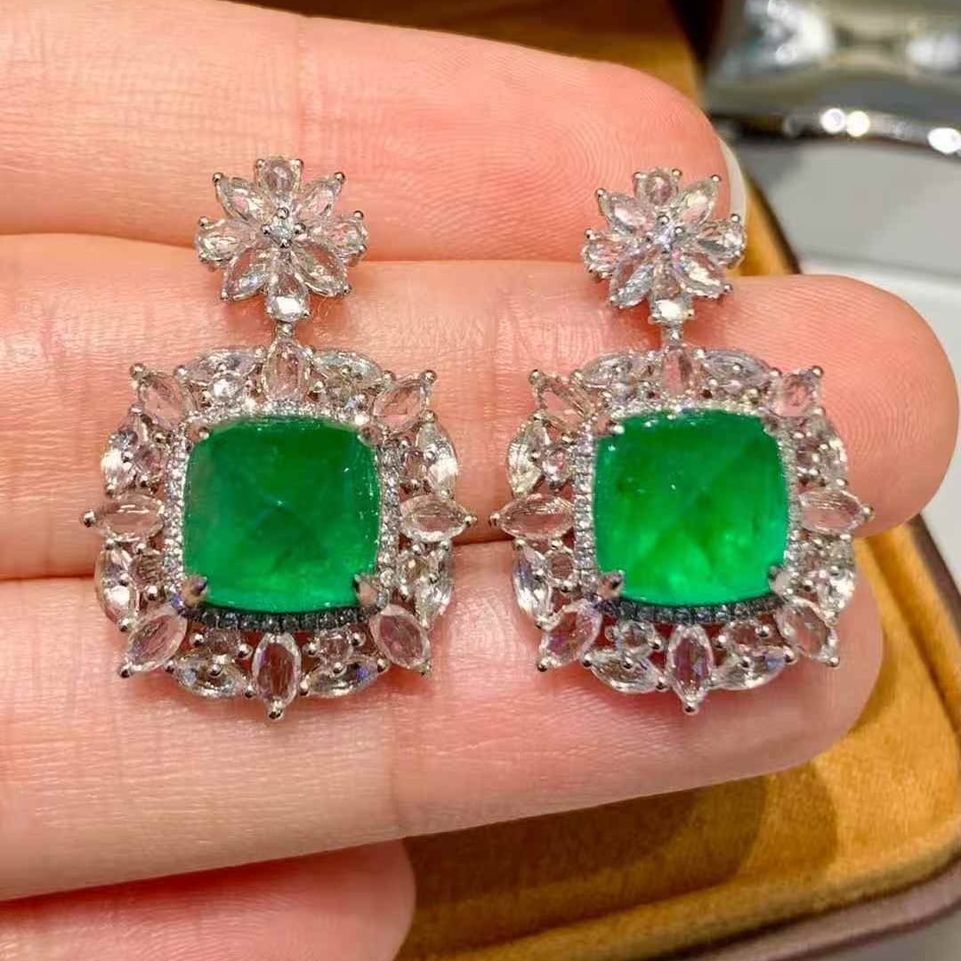 14k Gold 6.8 Ct Vivid Green Natural Emerald & Diamond & Sapphire Earrings - 5