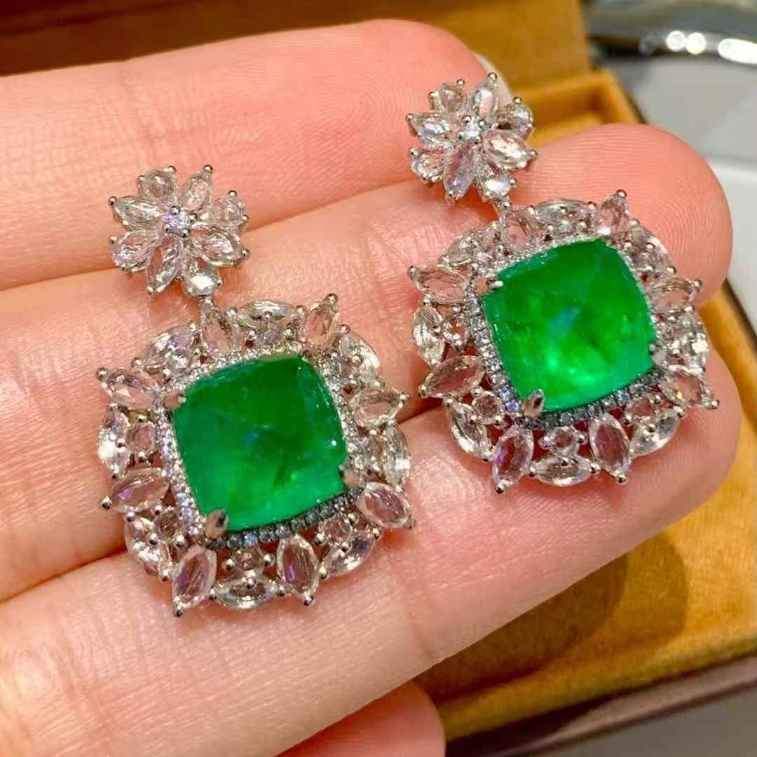 14k Gold 6.8 Ct Vivid Green Natural Emerald & Diamond & Sapphire Earrings - 6