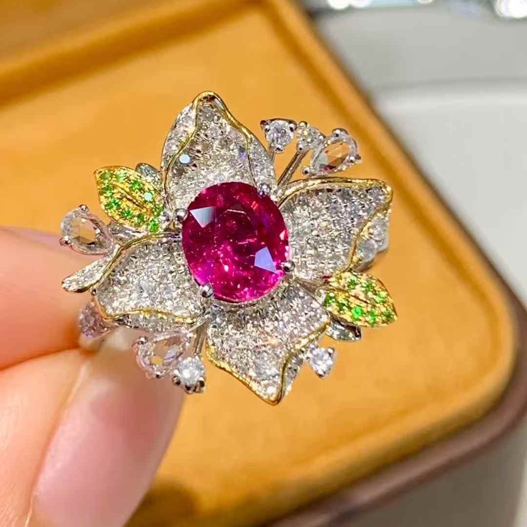 14k Gold 1.3 Ct Natural Ruby & Diamond & Tsavorite Ring: Ref:231047107 // gold content:14k gold // ring size:7. 25us // // main gemstone:ruby // shape:oval // carat weight:1. 3ct // color:red // treatment:natural // // adjacent gemstone 2 : diamond //