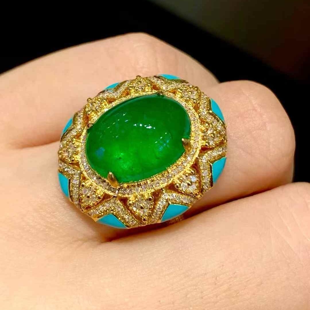14k Gold 5.7 Ct Vivid Green Natural Emerald & Diamond Ring - 5