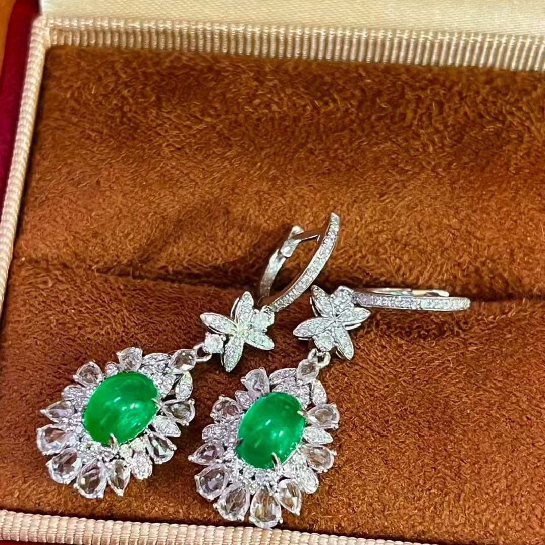 14k Gold 1.95 Ct Vivid Green Natural Emerald & Diamond & Sapphire Earrings - 2