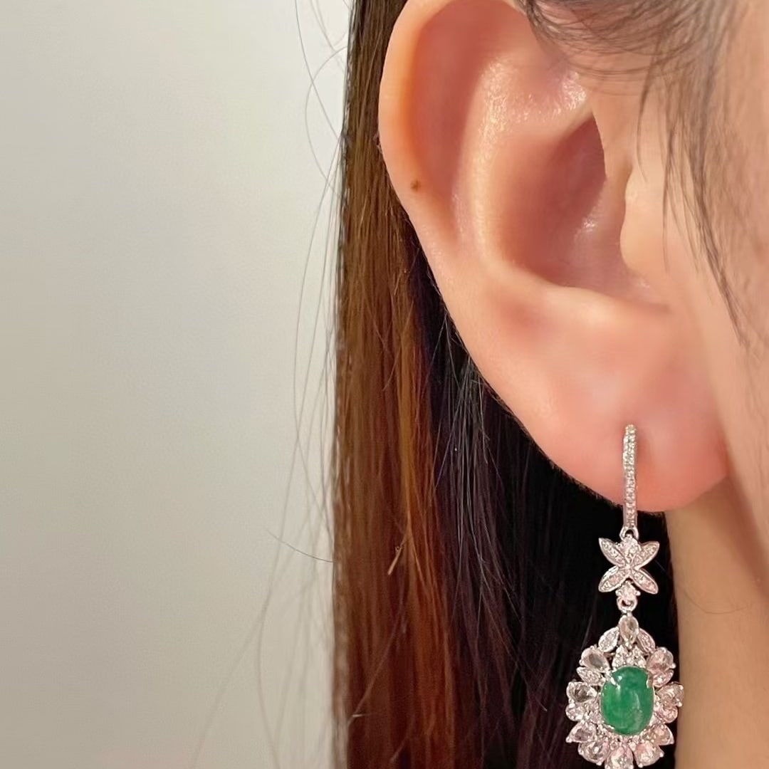 14k Gold 1.95 Ct Vivid Green Natural Emerald & Diamond & Sapphire Earrings - 3